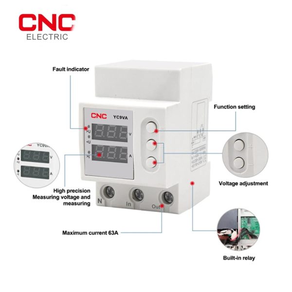 CNC YC9VA 2IN1 63A Adjustable Over & Under Voltage Protector Time Delay Sale